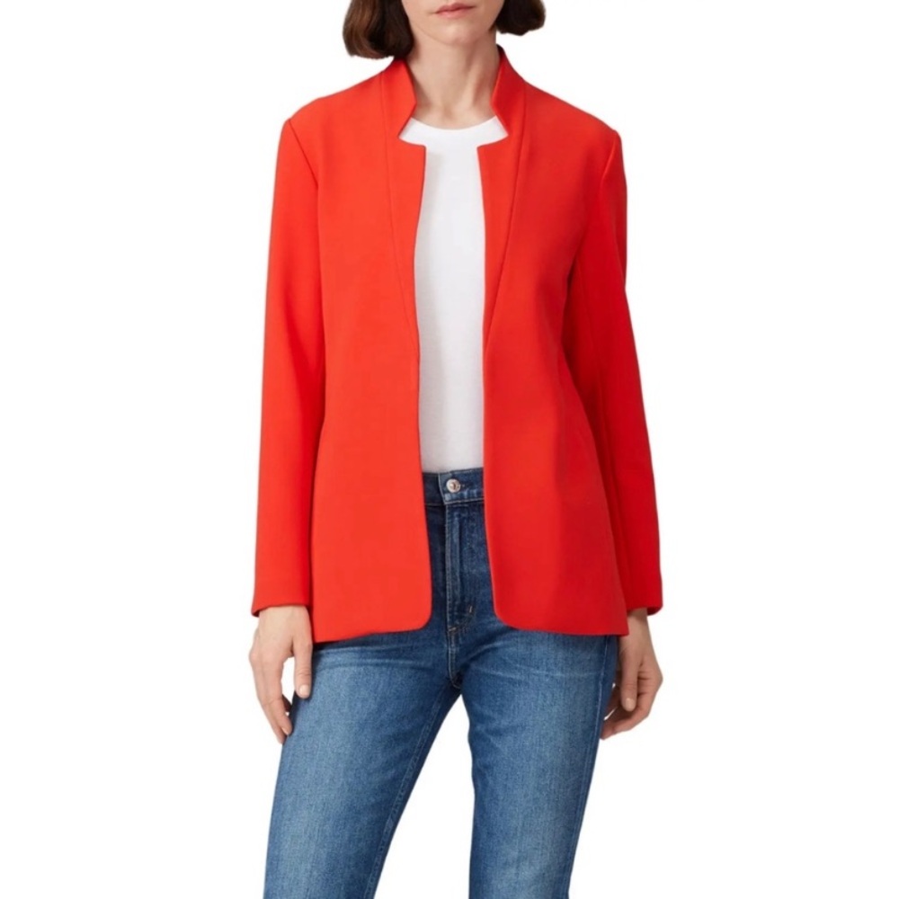 Of / Mercer Clarkson Red Crepe Open Front Longline Collar Blazer Made in The USA